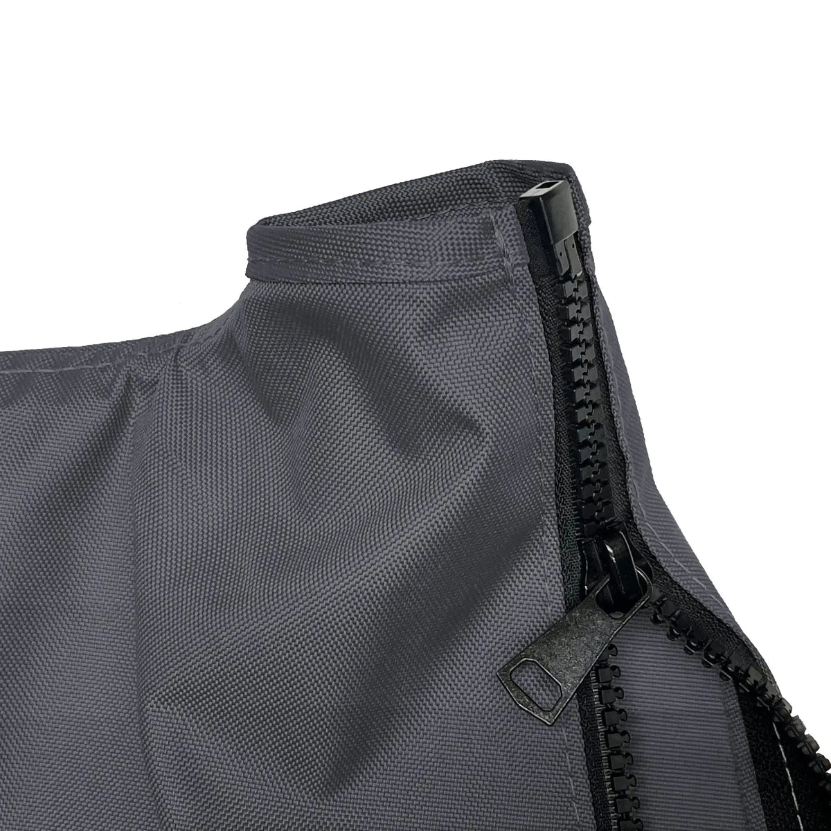 Close-up of heavy-duty black zipper on durable black jib sail bag made from weather-resistant fabric, designed for marine environments with reinforced stitching and rugged construction for secure sail storage