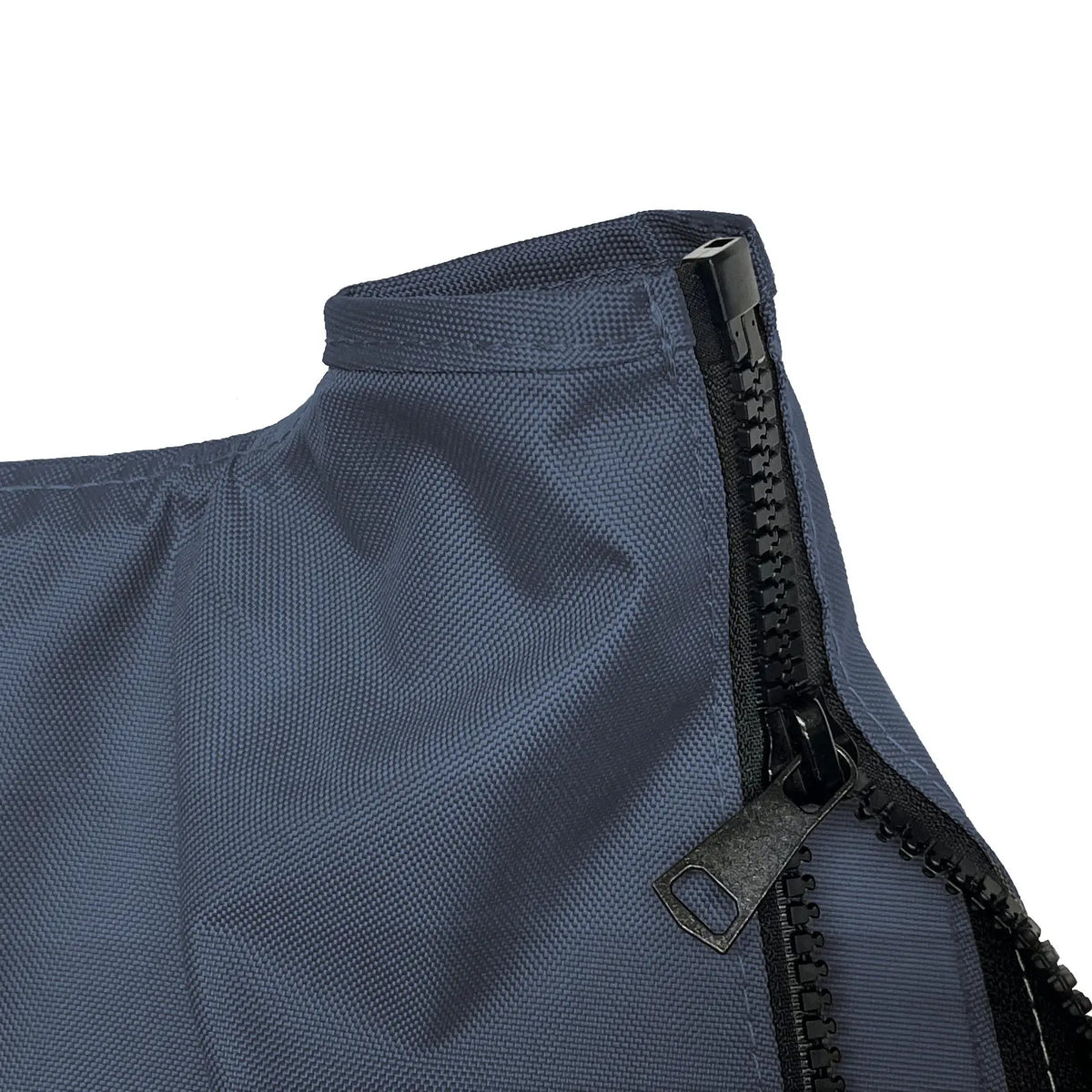 Close-up of heavy-duty black zipper on durable navy jib sail bag made from weather-resistant fabric, designed for marine environments with reinforced stitching and rugged construction for secure sail storage