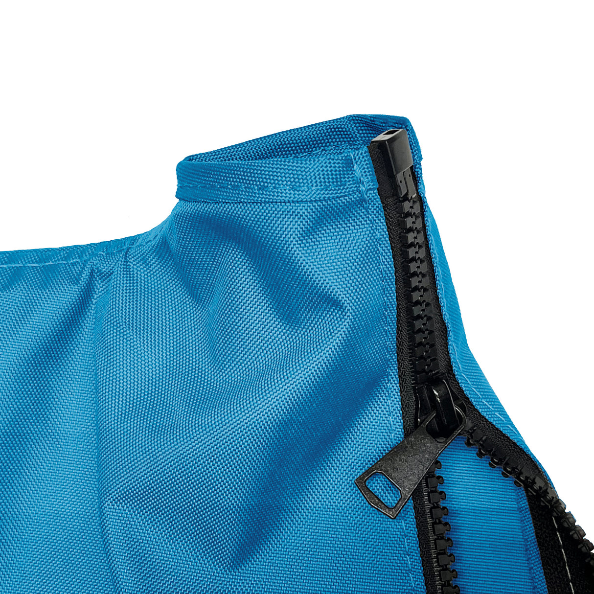 Close-up of heavy-duty black zipper on durable blue jib sail bag made from weather-resistant fabric, designed for marine environments with reinforced stitching and rugged construction for secure sail storage