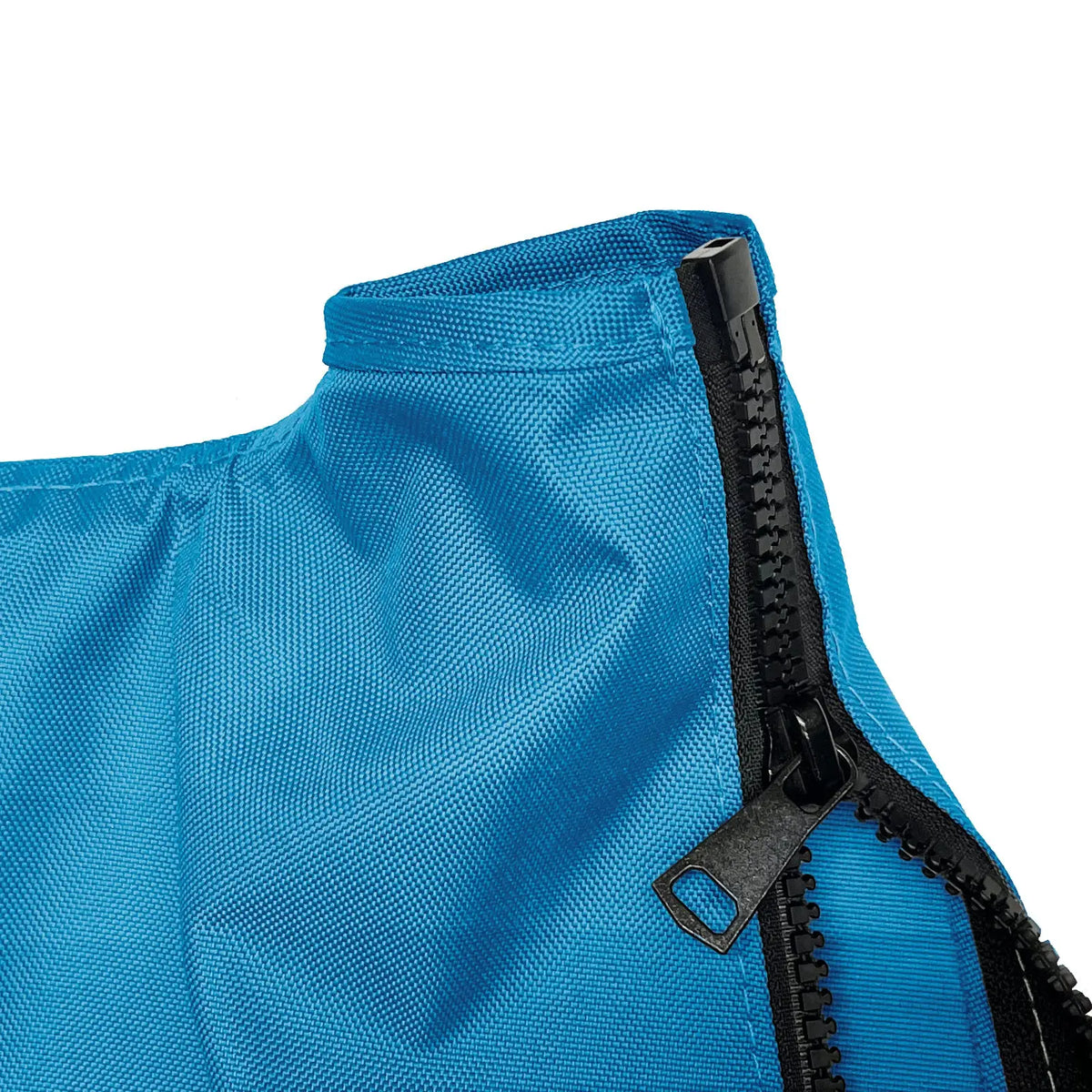 Close-up of heavy-duty black zipper on durable blue jib sail bag made from weather-resistant fabric, designed for marine environments with reinforced stitching and rugged construction for secure sail storage