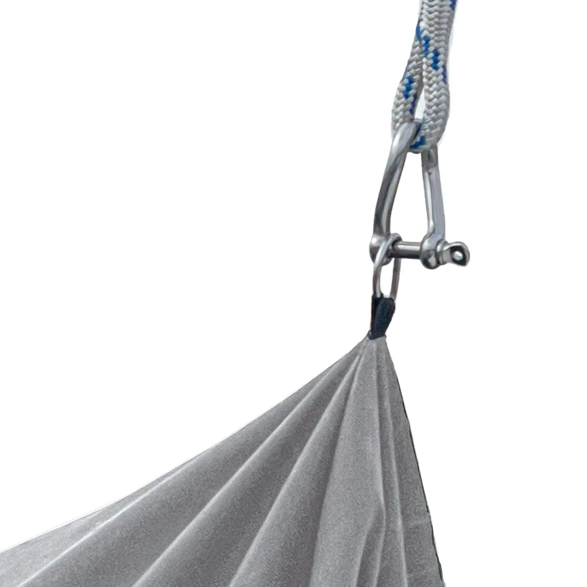 Marine-grade grey jib sail bag featuring reinforced attachment point with heavy-duty shackle, carabiner, and braided rope connection, showcasing durable, weather-resistant construction for secure sail handling and long-lasting outdoor performance