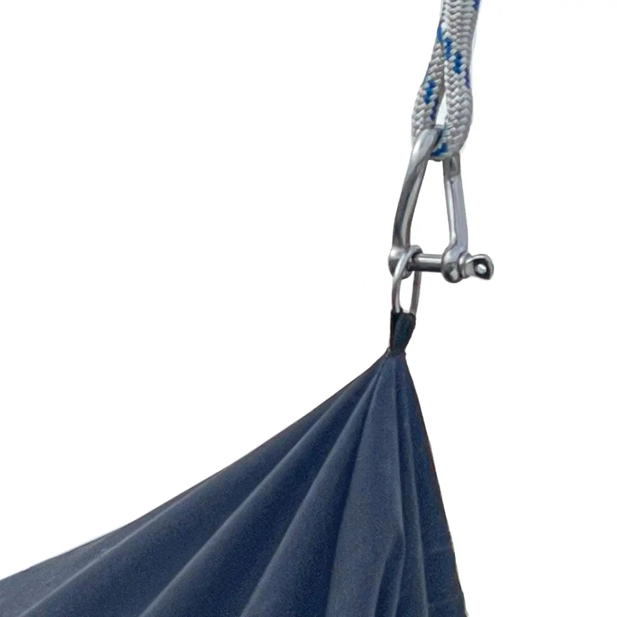 Marine-grade navy jib sail bag featuring reinforced attachment point with heavy-duty shackle, carabiner, and braided rope connection, showcasing durable, weather-resistant construction for secure sail handling and long-lasting outdoor performance