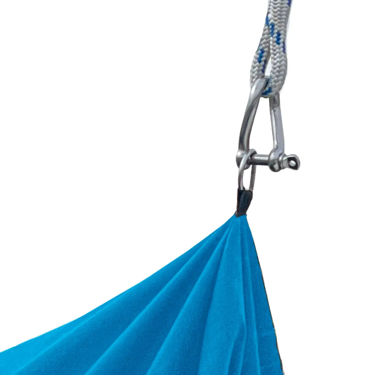 Marine-grade blue jib sail bag featuring reinforced attachment point with heavy-duty shackle, carabiner, and braided rope connection, showcasing durable, weather-resistant construction for secure sail handling and long-lasting outdoor performance