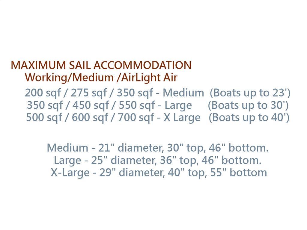 Waterproof sailboat jib sail bag measurement chart displaying medium, large, and X-large sizes, sail area capacity in square feet, and bag dimensions for boats up to 40 ft