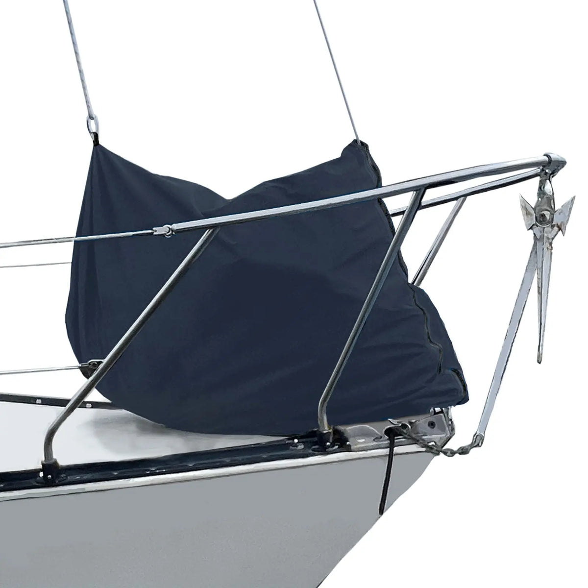Waterproof black sailboat jib bag for secure jib sail storage, mounted on bow rail and fore deck to protect the sail from UV exposure, dirt, moisture, and weather damage