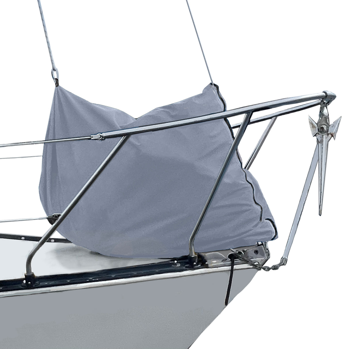 Waterproof grey sailboat jib bag for secure jib sail storage, mounted on bow rail and fore deck to protect the sail from UV exposure, dirt, moisture, and weather damage