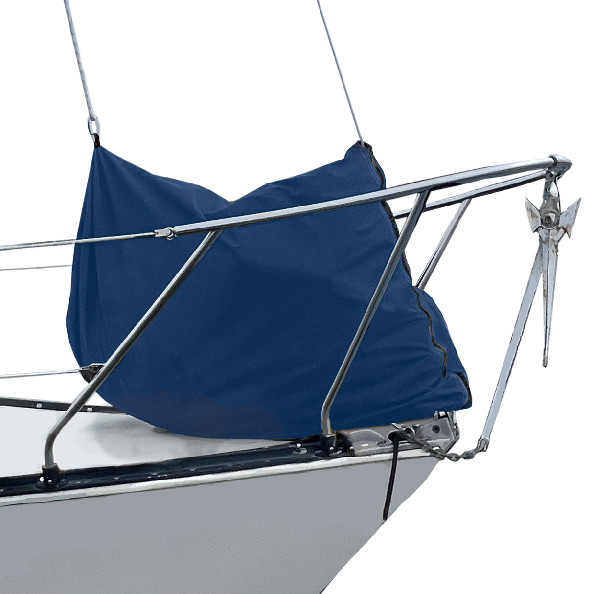 Waterproof navy sailboat jib bag for secure jib sail storage, mounted on bow rail and fore deck to protect the sail from UV exposure, dirt, moisture, and weather damage