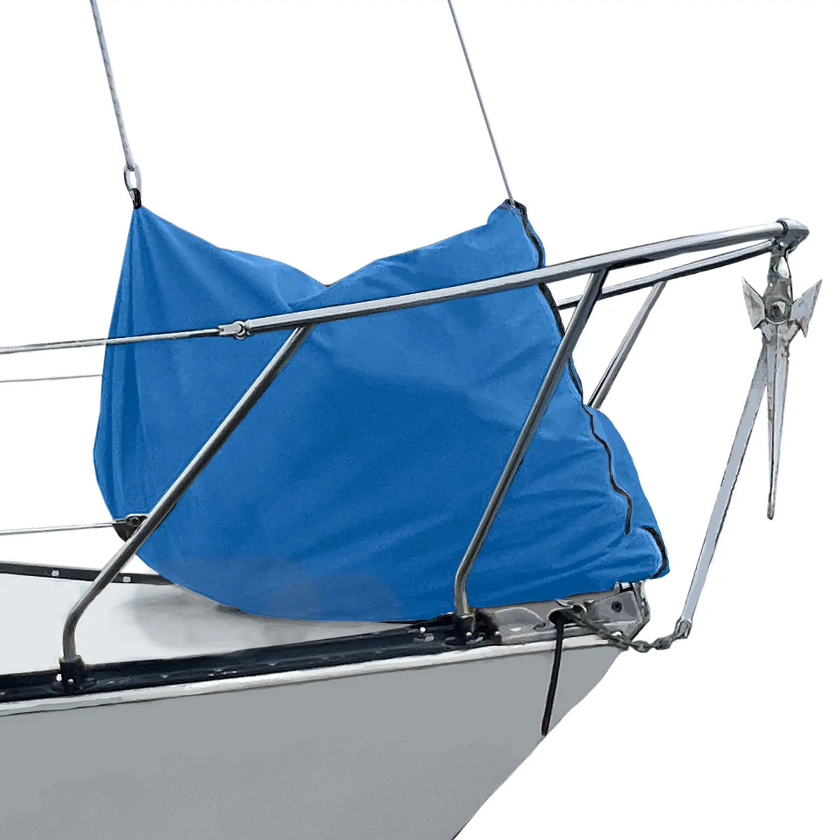Waterproof blue sailboat jib bag for secure jib sail storage, mounted on bow rail and fore deck to protect the sail from UV exposure, dirt, moisture, and weather damage