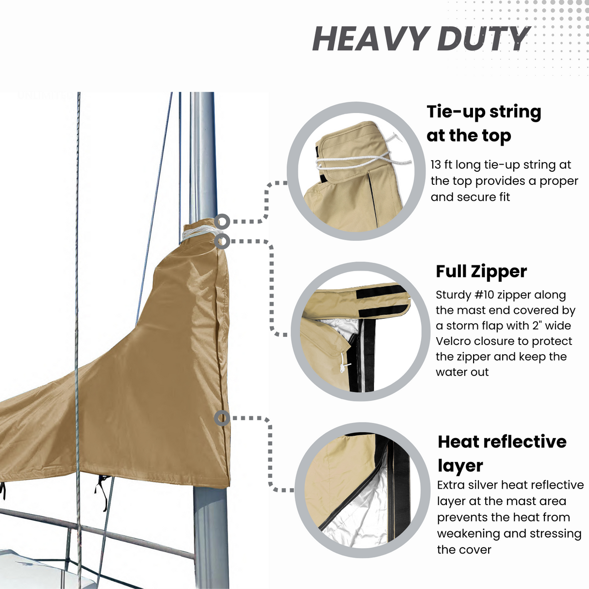 Heavy-duty waterproof beige sailboat mainsail boom cover with full zipper, tie-up string, and heat-reflective mast protection
