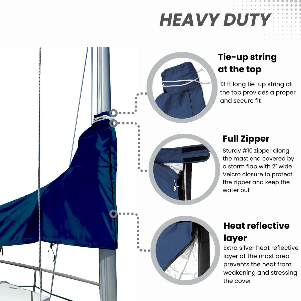 Heavy-duty waterproof navy sailboat mainsail boom cover with full zipper, tie-up string, and heat-reflective mast protection