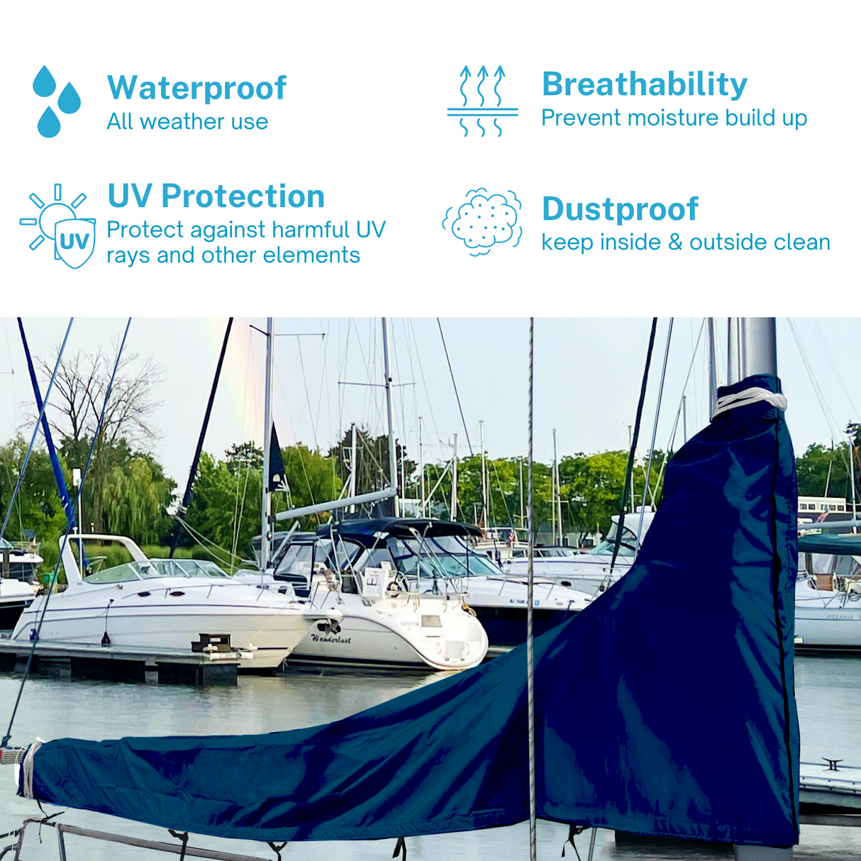 Waterproof navy sailboat mainsail boom cover with UV protection, breathable fabric, and dust proof all-weather design