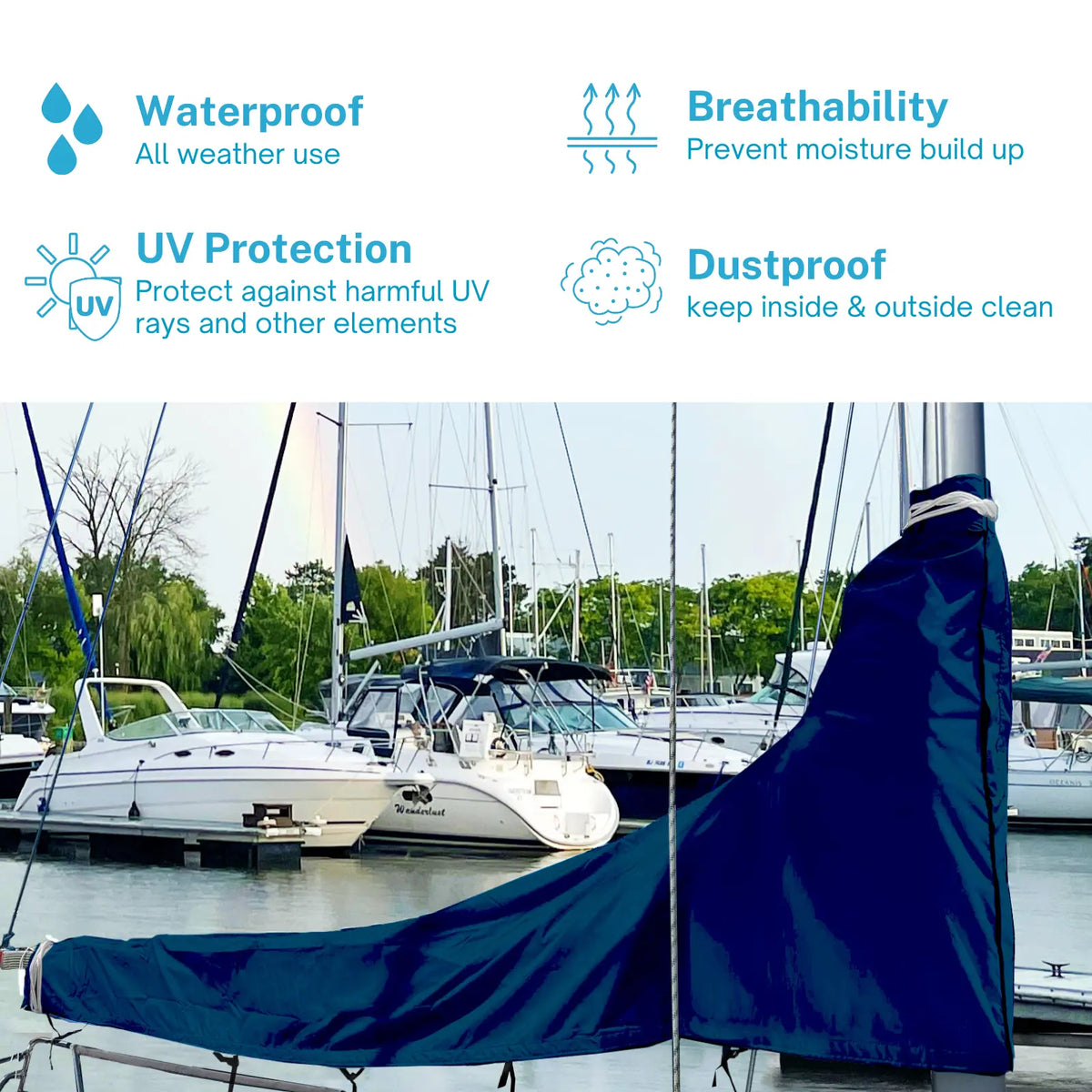 Waterproof navy sailboat mainsail boom cover with UV protection, breathable fabric, and dust proof all-weather design