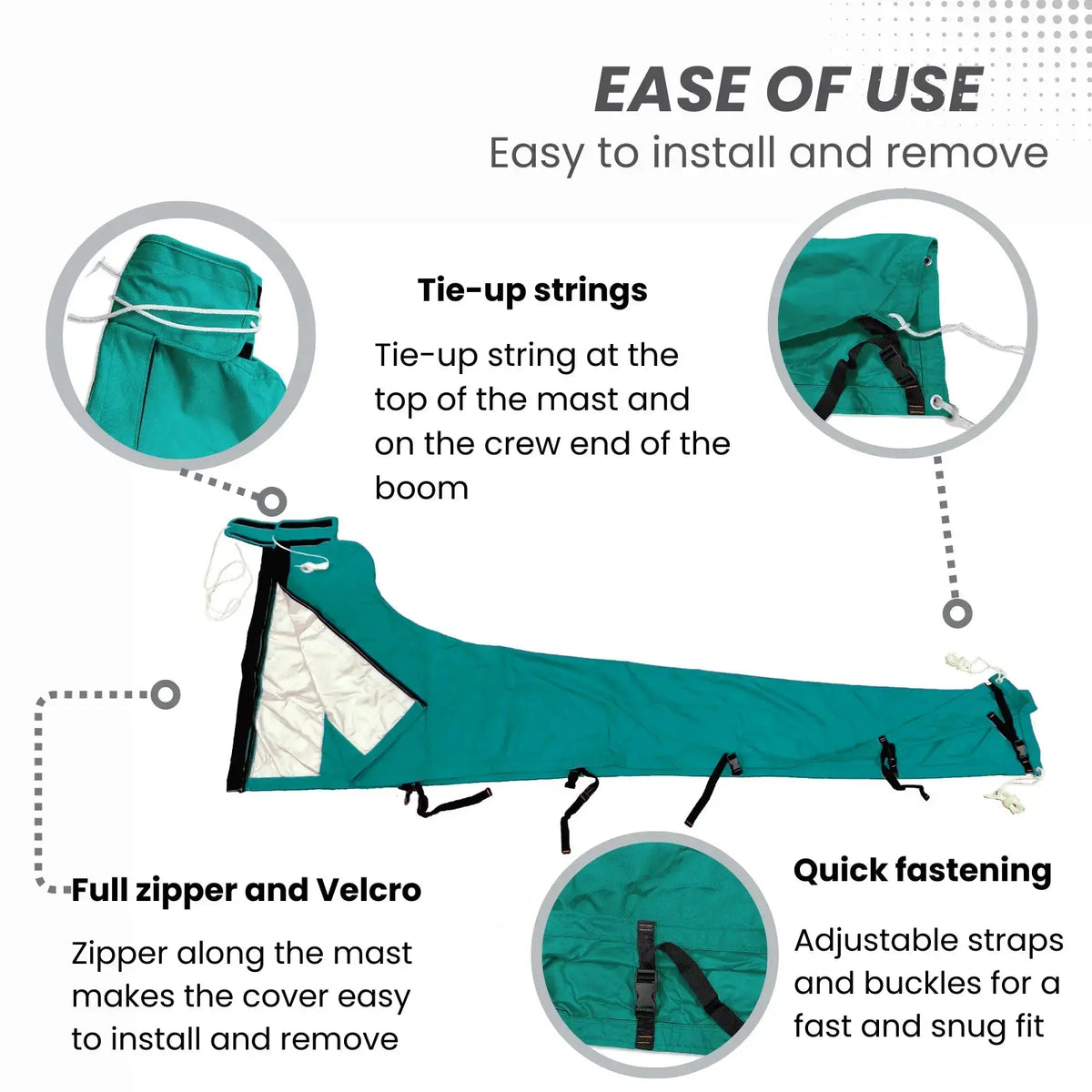Easy-to-install waterproof teal sailboat mainsail boom cover with tie-up strings, full zipper, Velcro, and adjustable straps