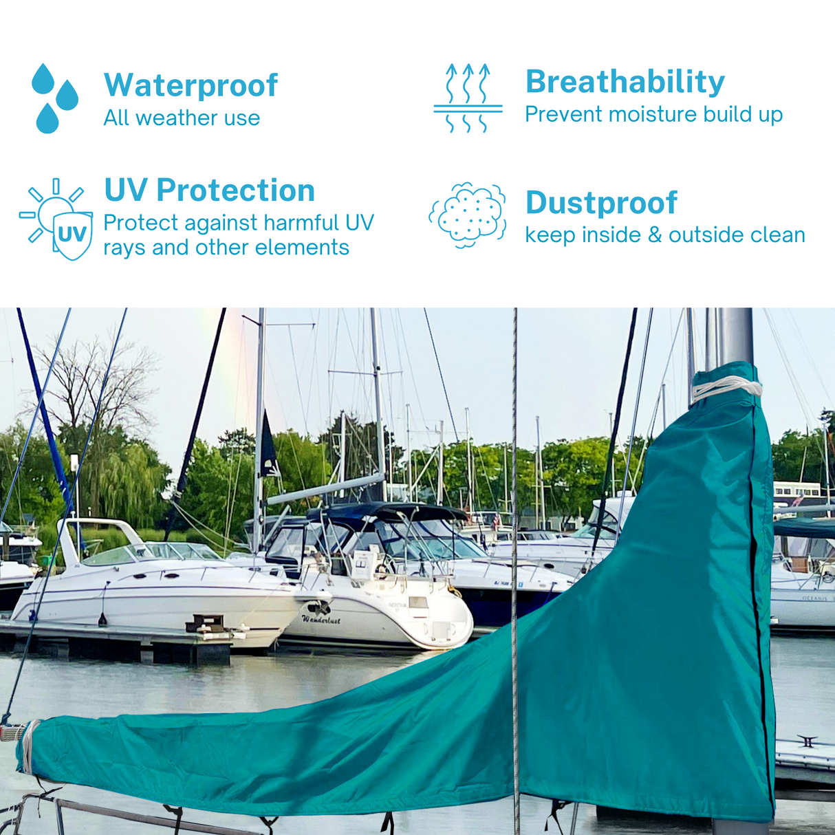 Waterproof teal sailboat mainsail boom cover with UV protection, breathable fabric, and dust proof all-weather design