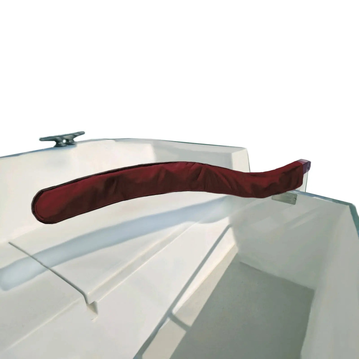 Marine grade burgundy sailboat tiller cover, waterproof rudder handle protector, and UV-resistant boat tiller sleeve to prevent wood weathering