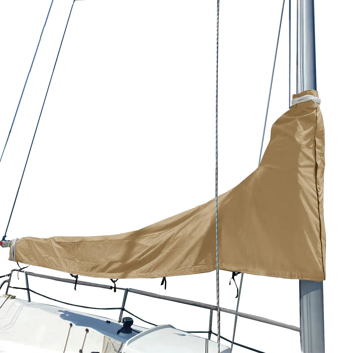 Beige waterproof sailboat mainsail boom cover installed on mast, protecting sail from sun and weather