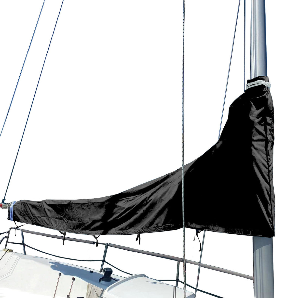 Black waterproof sailboat mainsail boom cover installed on mast, protecting sail from sun and weather
