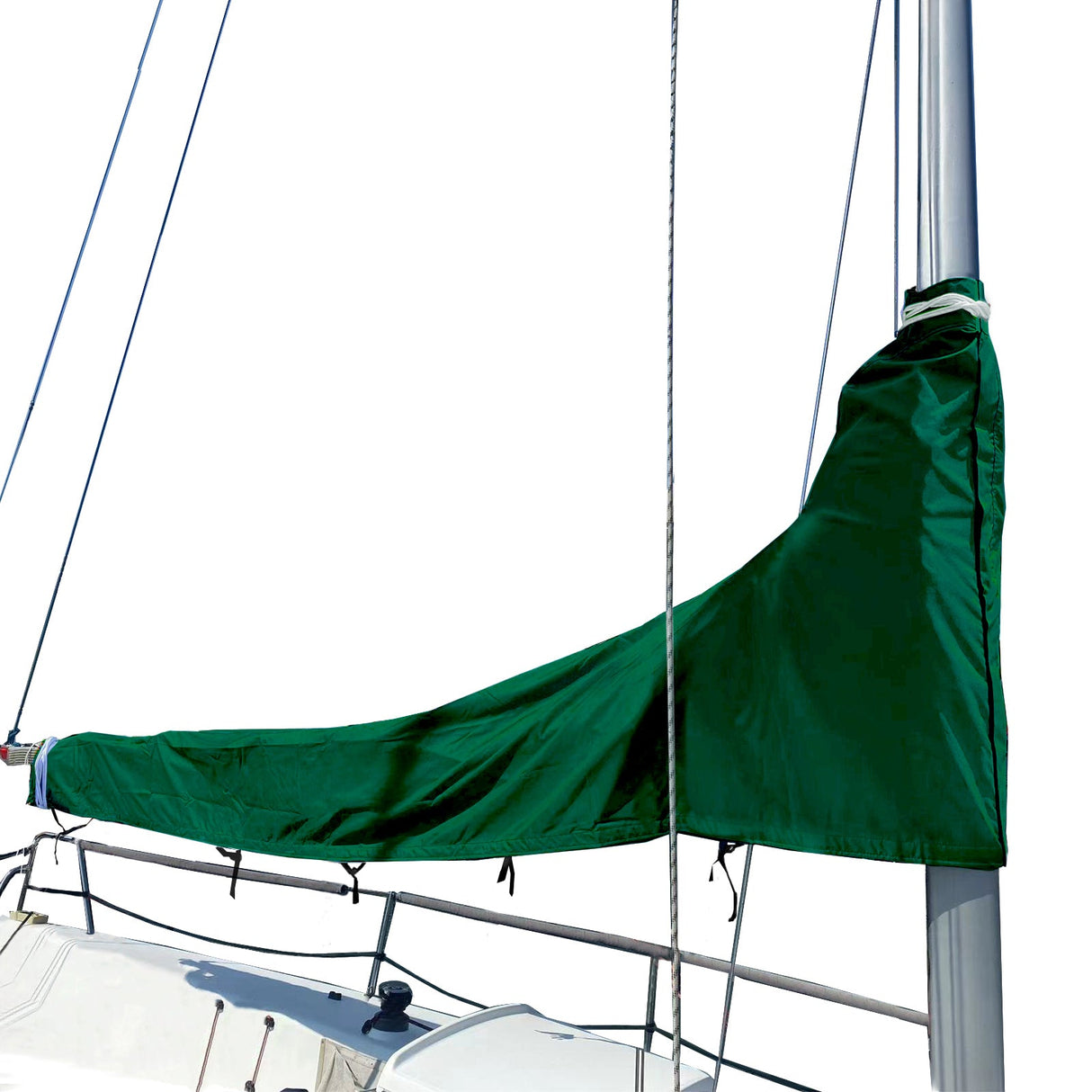 Green waterproof sailboat mainsail boom cover installed on mast, protecting sail from sun and weather