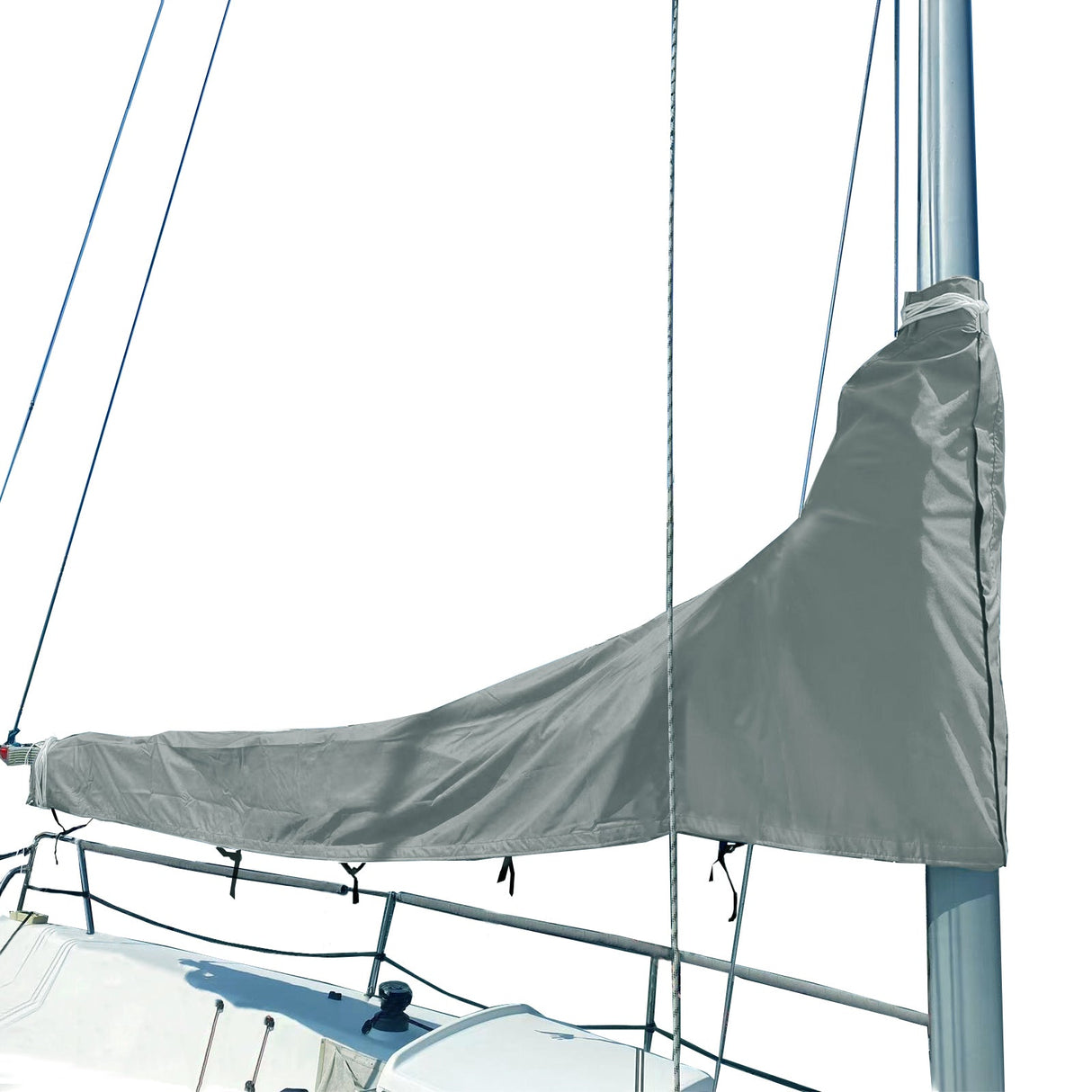Grey waterproof sailboat mainsail boom cover installed on mast, protecting sail from sun and weather