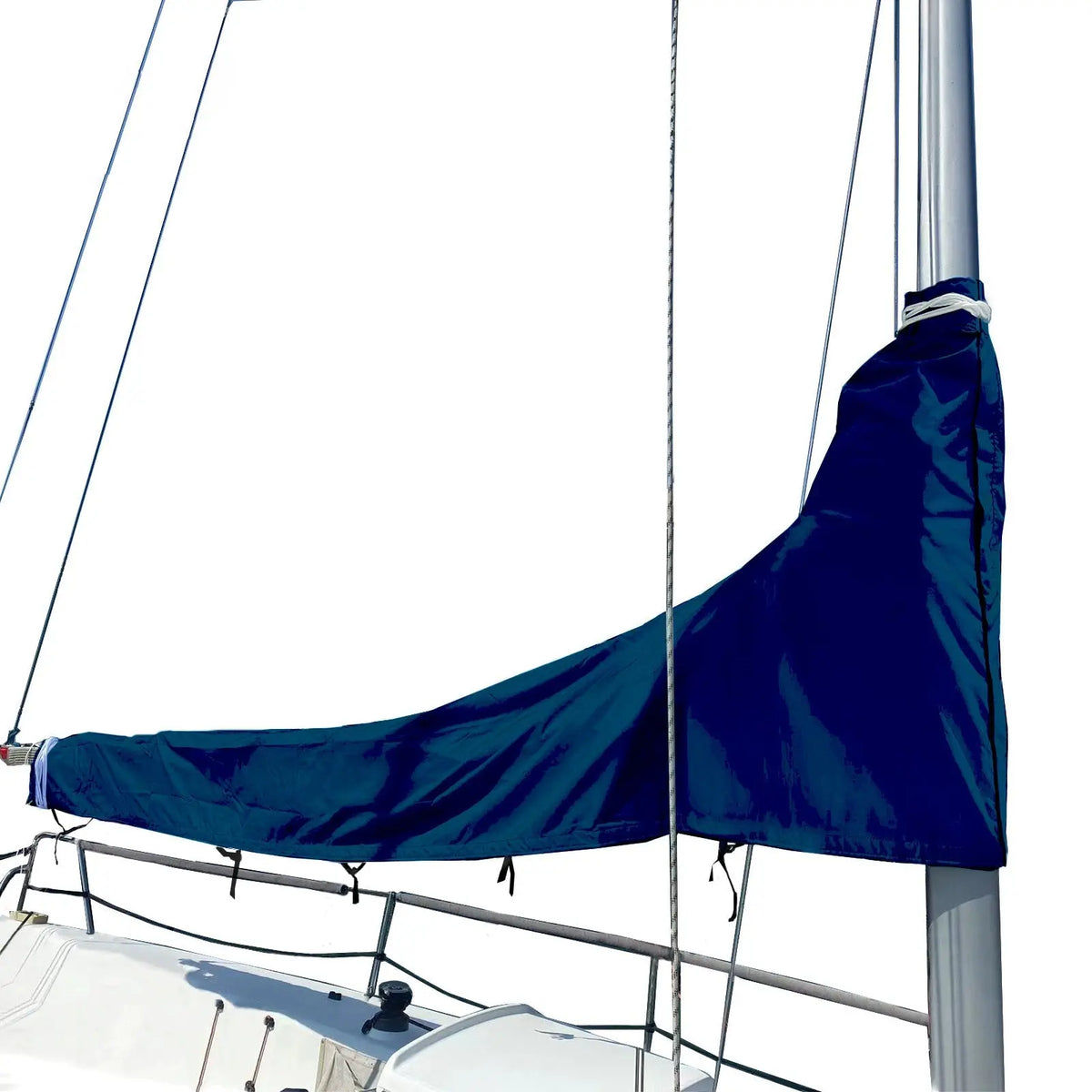 Navy waterproof sailboat mainsail boom cover installed on mast, protecting sail from sun and weather