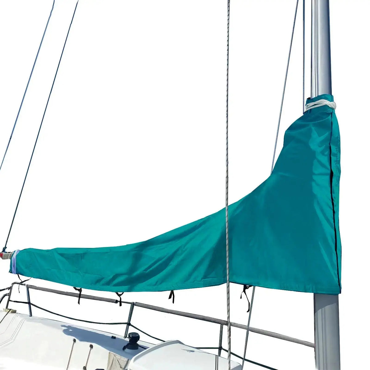 Teal waterproof sailboat mainsail boom cover installed on mast, protecting sail from sun and weather