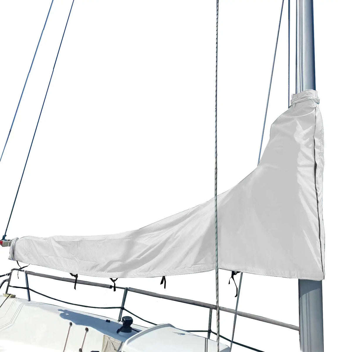 White waterproof sailboat mainsail boom cover installed on mast, protecting sail from sun and weather