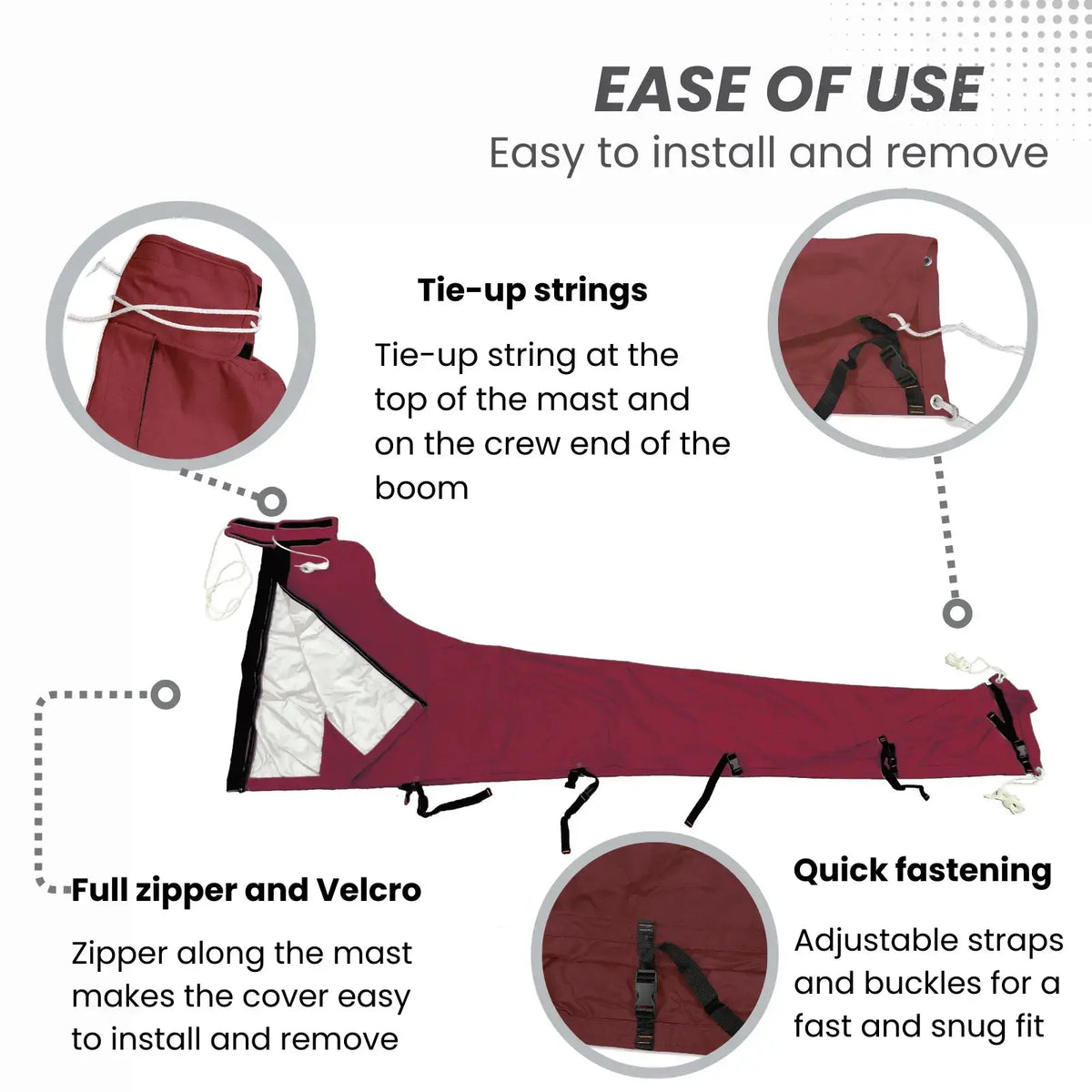 Easy-to-install waterproof burgundy sailboat mainsail boom cover with tie-up strings, full zipper, Velcro, and adjustable straps