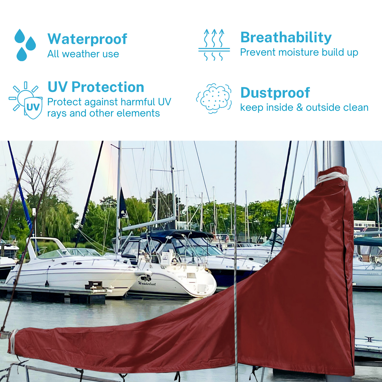 Waterproof burgundy sailboat mainsail boom cover with UV protection, breathable fabric, and dust proof all-weather design