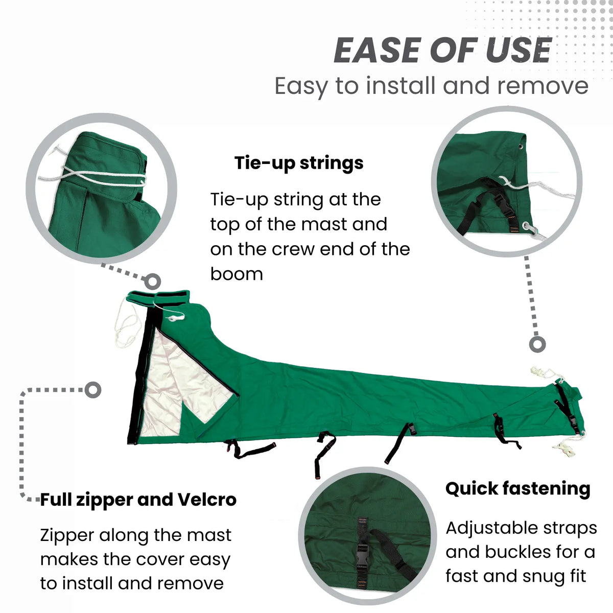 Easy-to-install waterproof burgundy sailboat mainsail boom cover with tie-up strings, full zipper, Velcro, and adjustable straps