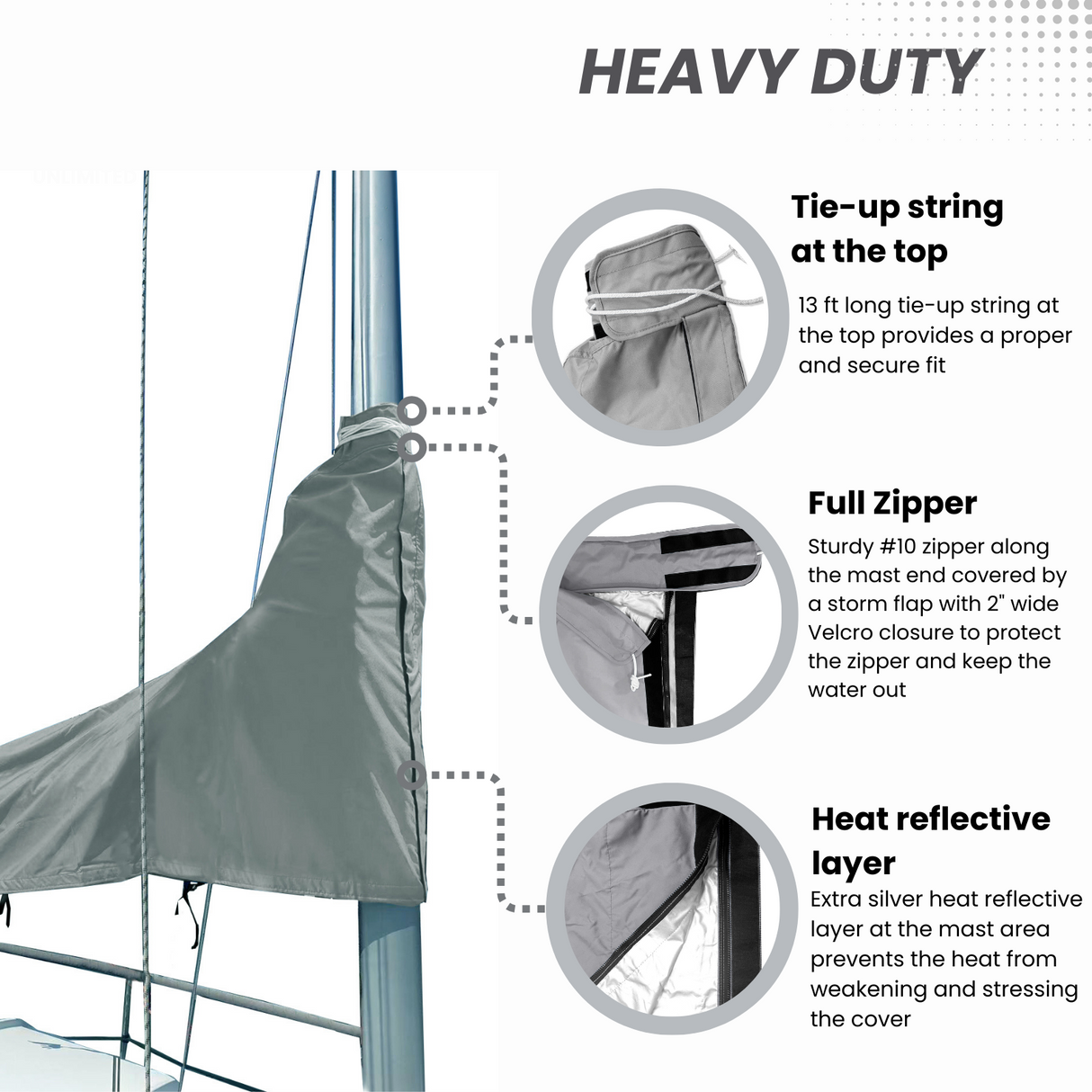 Heavy-duty waterproof grey sailboat mainsail boom cover with full zipper, tie-up string, and heat-reflective mast protection