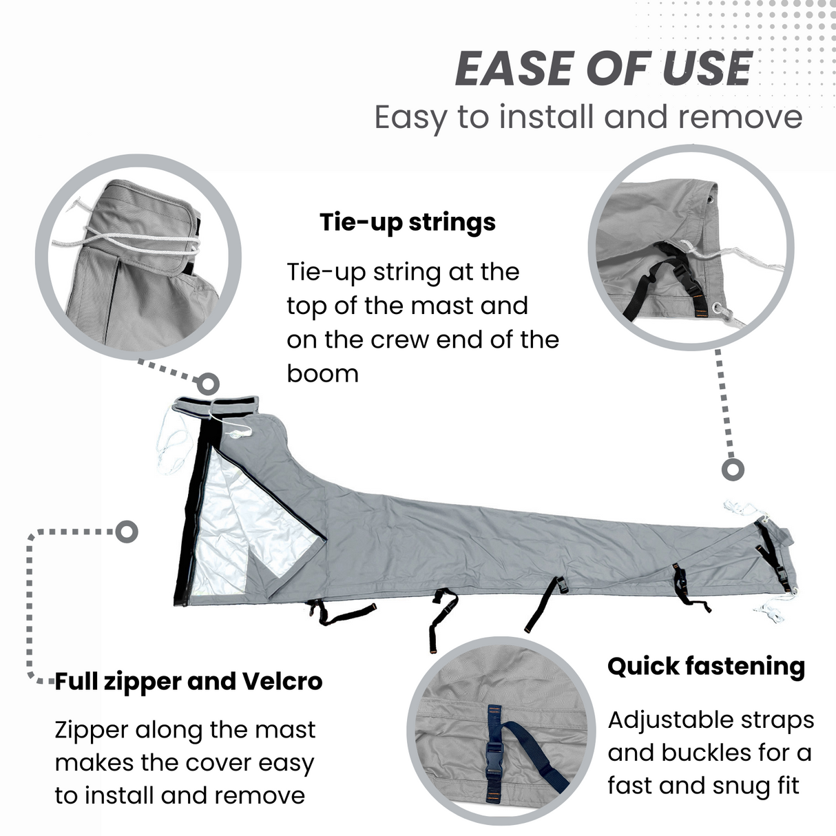 Easy-to-install waterproof grey sailboat mainsail boom cover with tie-up strings, full zipper, Velcro, and adjustable straps