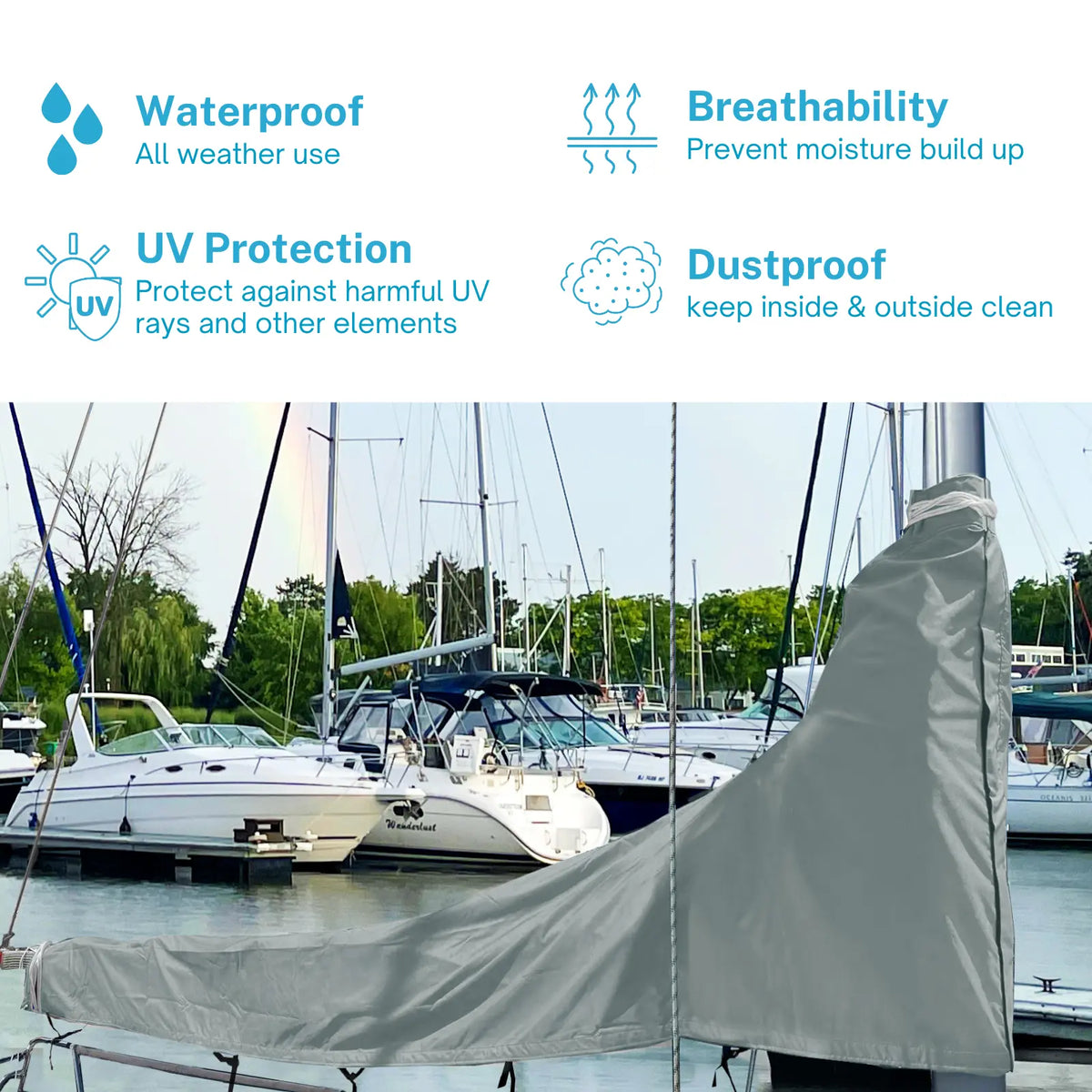 Waterproof grey sailboat mainsail boom cover with UV protection, breathable fabric, and dust proof all-weather design