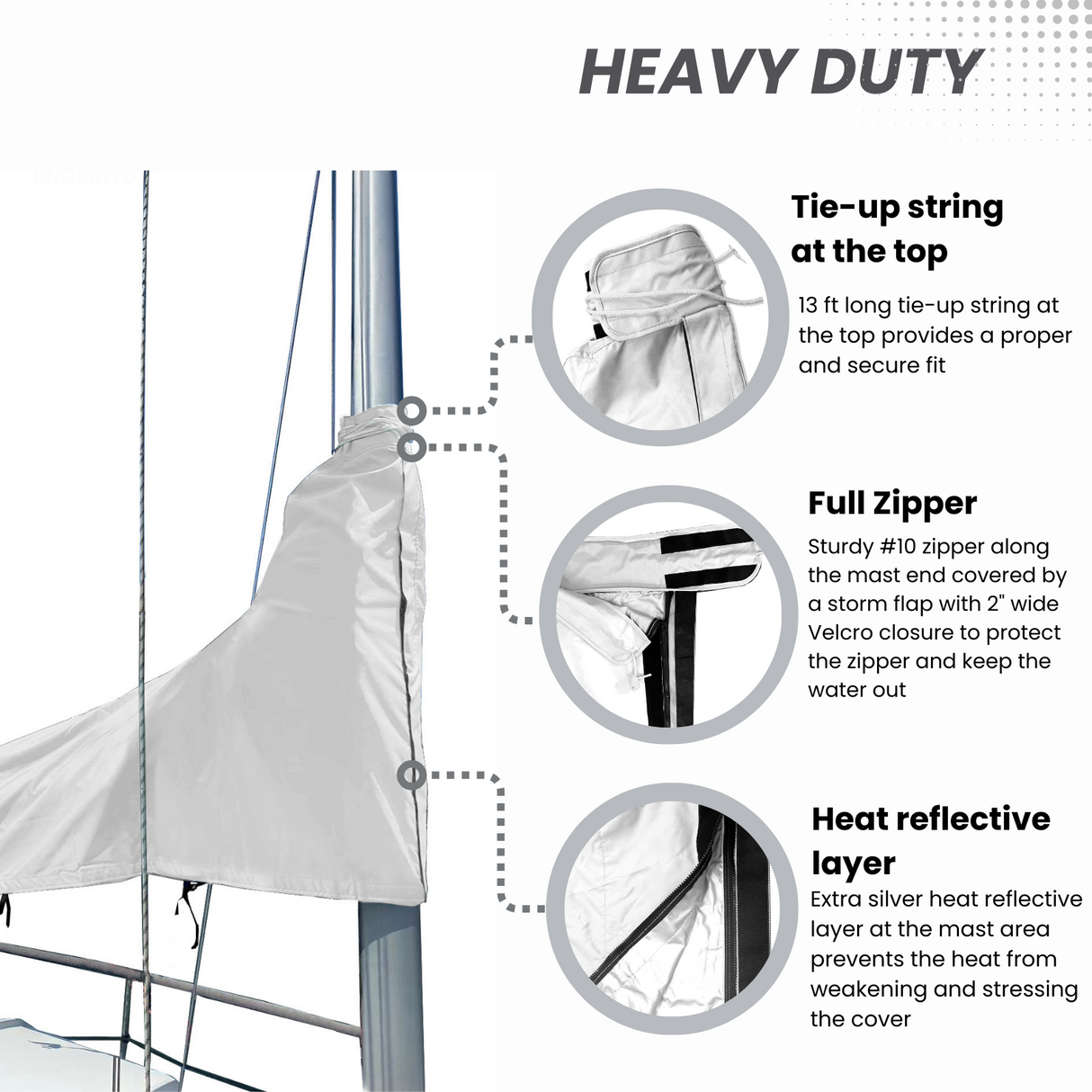 Heavy-duty waterproof white sailboat mainsail boom cover with full zipper, tie-up string, and heat-reflective mast protection
