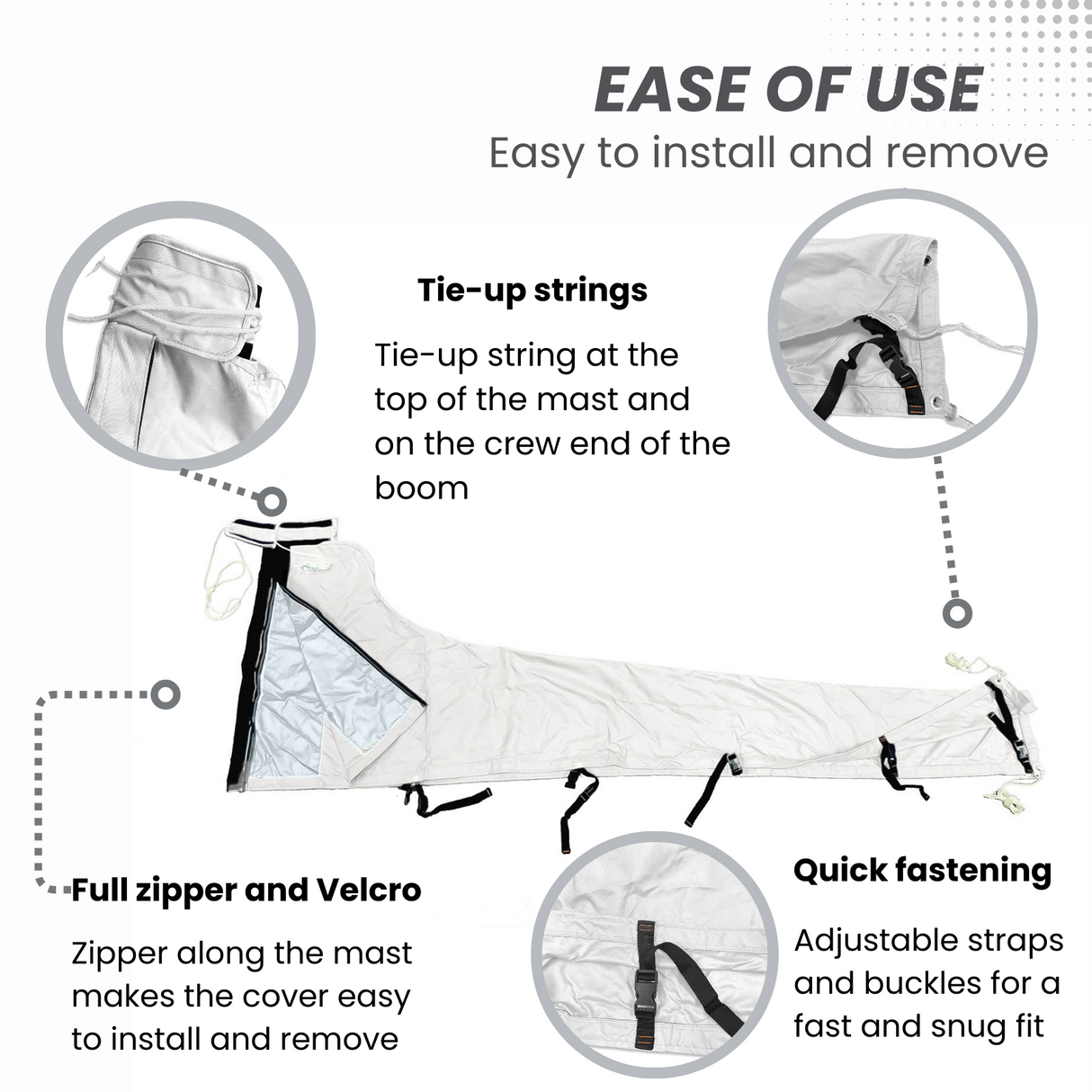 Easy-to-install waterproof white sailboat mainsail boom cover with tie-up strings, full zipper, Velcro, and adjustable straps