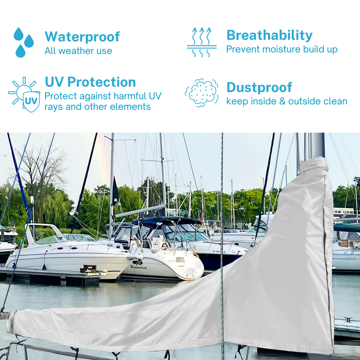 Waterproof white sailboat mainsail boom cover with UV protection, breathable fabric, and dust proof all-weather design