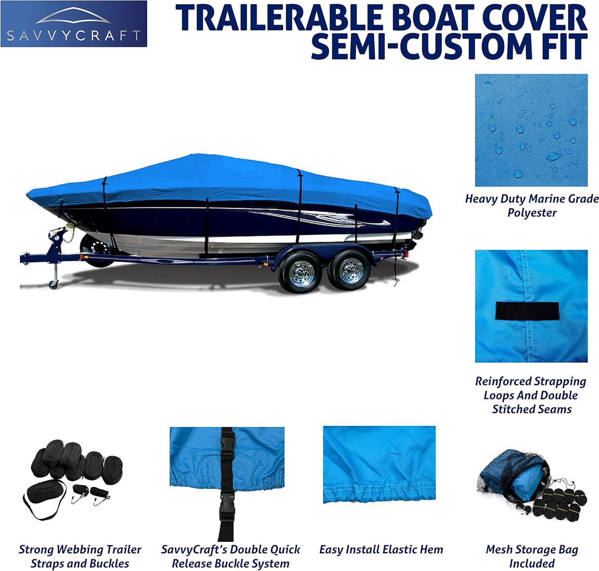 SavvyCraft® Heavy Duty Boat Cover, Waterproof Trailerable Boat Cover fits V-Hull Runabouts, Aluminum Fishing Boats, Pro Style Bass Boats, Fish & Ski