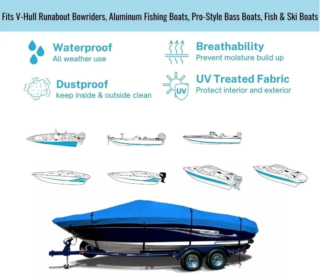 SavvyCraft® Heavy Duty Boat Cover, Waterproof Trailerable Boat Cover fits V-Hull Runabouts, Aluminum Fishing Boats, Pro Style Bass Boats, Fish & Ski SAVVYCRAFT