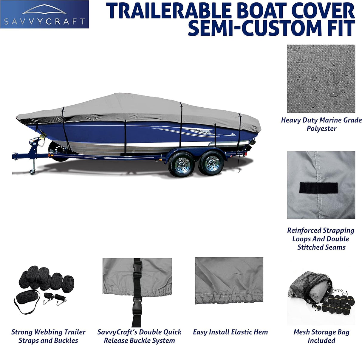 SavvyCraft® Heavy Duty Boat Cover, Waterproof Trailerable Boat Cover fits V-Hull Runabouts, Aluminum Fishing Boats, Pro Style Bass Boats, Fish & Ski