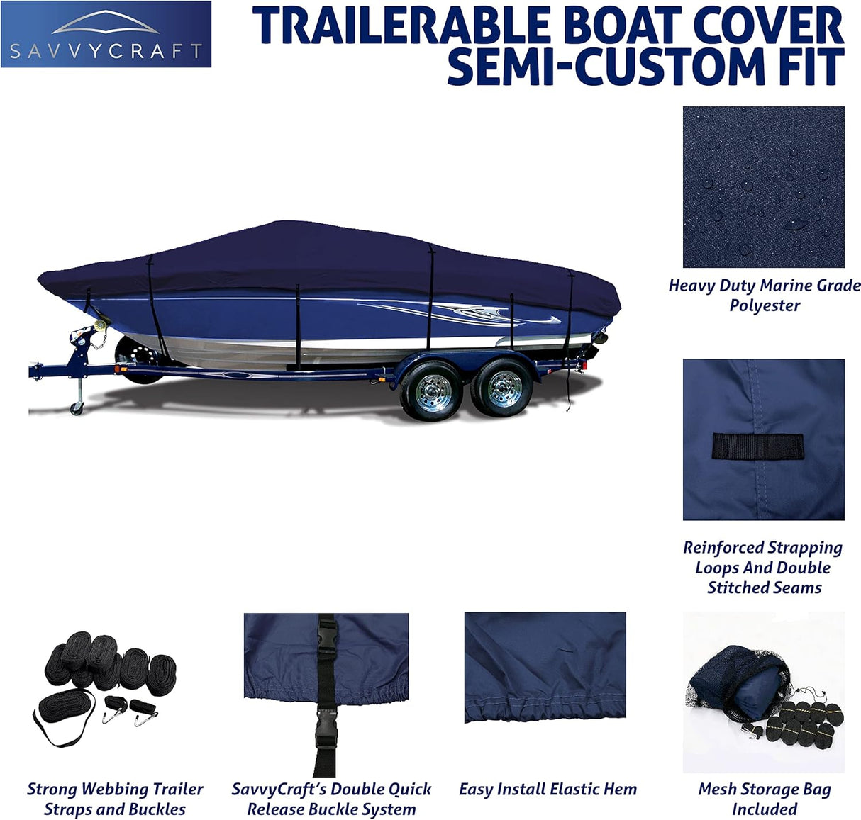 SavvyCraft® Heavy Duty Boat Cover, Waterproof Trailerable Boat Cover fits V-Hull Runabouts, Aluminum Fishing Boats, Pro Style Bass Boats, Fish & Ski