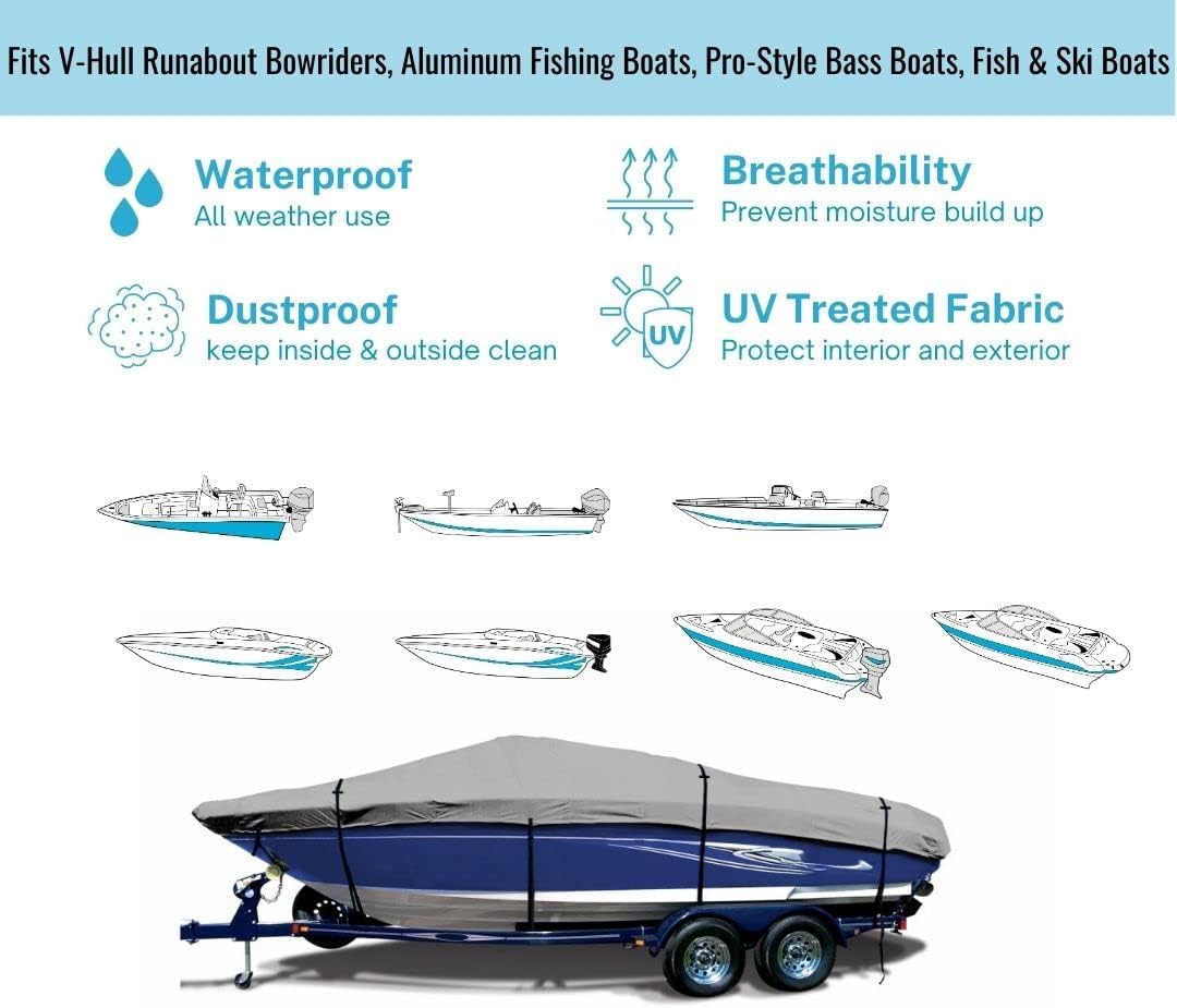 SavvyCraft® Heavy Duty Boat Cover, Waterproof Trailerable Boat Cover fits V-Hull Runabouts, Aluminum Fishing Boats, Pro Style Bass Boats, Fish & Ski