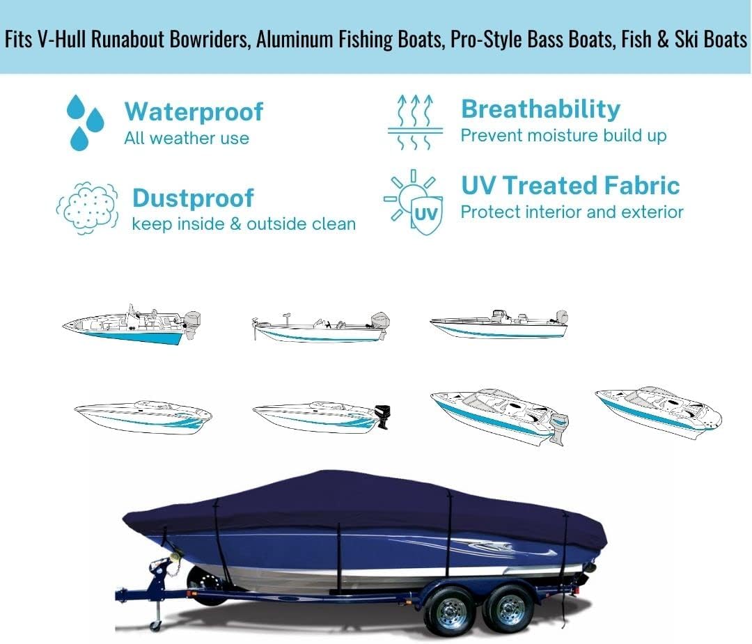 SavvyCraft® Heavy Duty Boat Cover, Waterproof Trailerable Boat Cover fits V-Hull Runabouts, Aluminum Fishing Boats, Pro Style Bass Boats, Fish & Ski