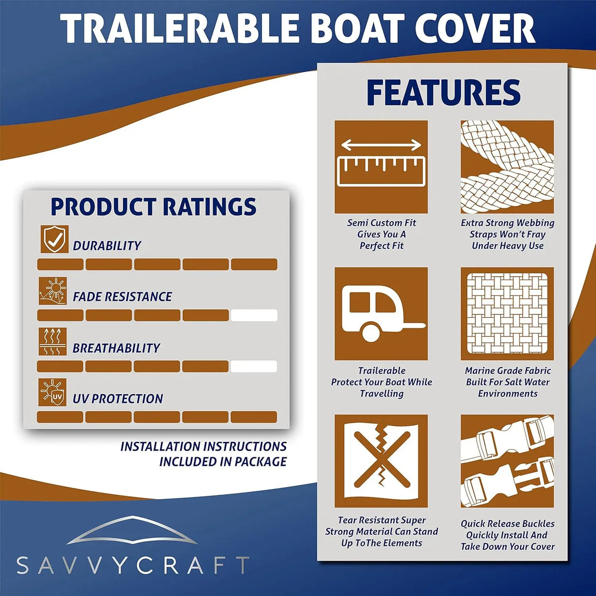 SavvyCraft® Heavy Duty Boat Cover, Waterproof Trailerable Boat Cover fits V-Hull Runabouts, Aluminum Fishing Boats, Pro Style Bass Boats, Fish & Ski SAVVYCRAFT