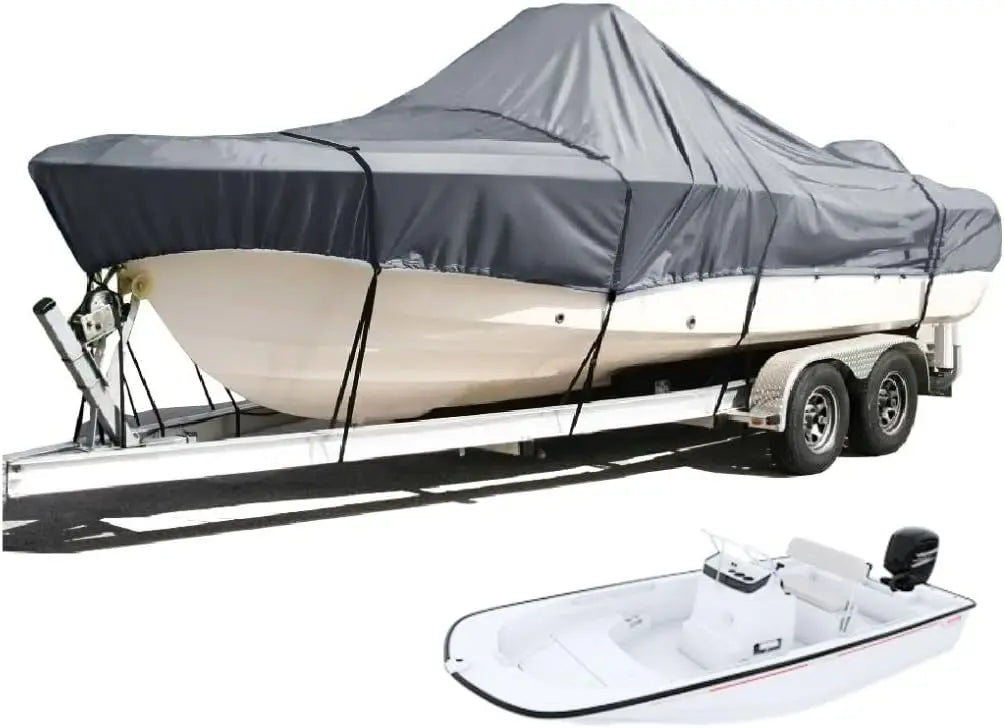 SavvyCraft® Trailerable Center Console Boat Cover Whaler Style Fishing Skiff Boats, Tri-Hull Flat Front Center Console Boats, Compartible for Boston Whaler, Carolina Skiff, Mako Pro Skiff SAVVYCRAFT