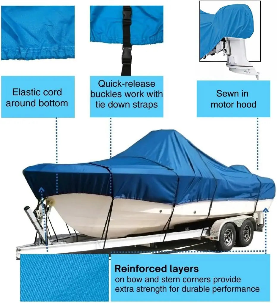 SavvyCraft® Trailerable Center Console Boat Cover Whaler Style Fishing Skiff Boats, Tri-Hull Flat Front Center Console Boats, Compartible for Boston Whaler, Carolina Skiff, Mako Pro Skiff SAVVYCRAFT