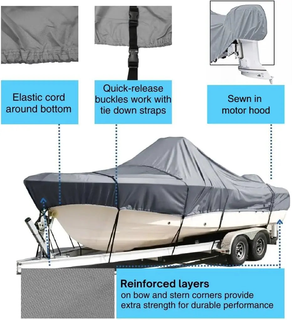 SavvyCraft® Trailerable Center Console Boat Cover Whaler Style Fishing Skiff Boats, Tri-Hull Flat Front Center Console Boats, Compartible for Boston Whaler, Carolina Skiff, Mako Pro Skiff SAVVYCRAFT