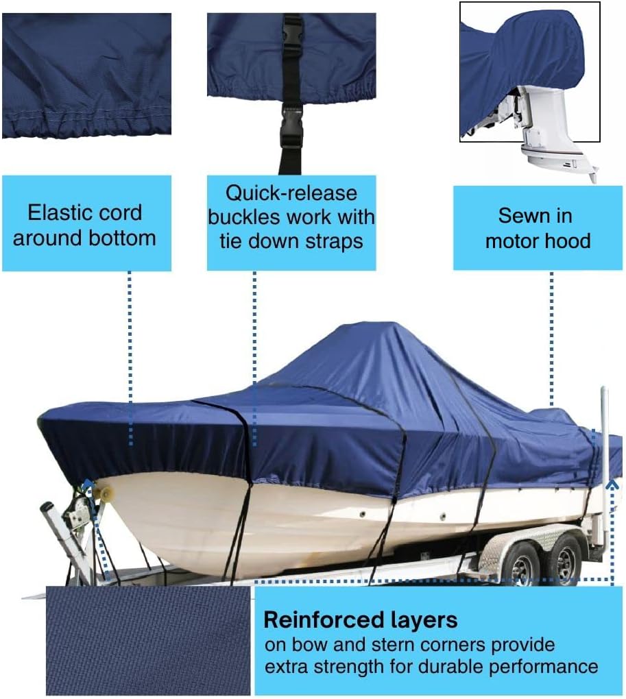 SavvyCraft® Trailerable Boat Cover Whaler Style Fishing Skiff Boats, Tri-Hull Flat Front Center Console Boats, Compartible for Boston Whaler, Carolina Skiff, Mako Pro Skiff