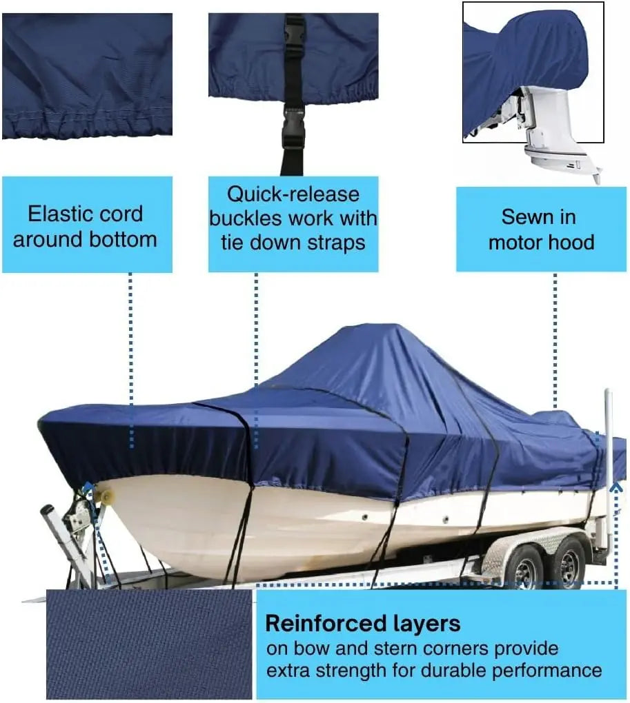 SavvyCraft® Trailerable Center Console Boat Cover Whaler Style Fishing Skiff Boats, Tri-Hull Flat Front Center Console Boats, Compartible for Boston Whaler, Carolina Skiff, Mako Pro Skiff SAVVYCRAFT