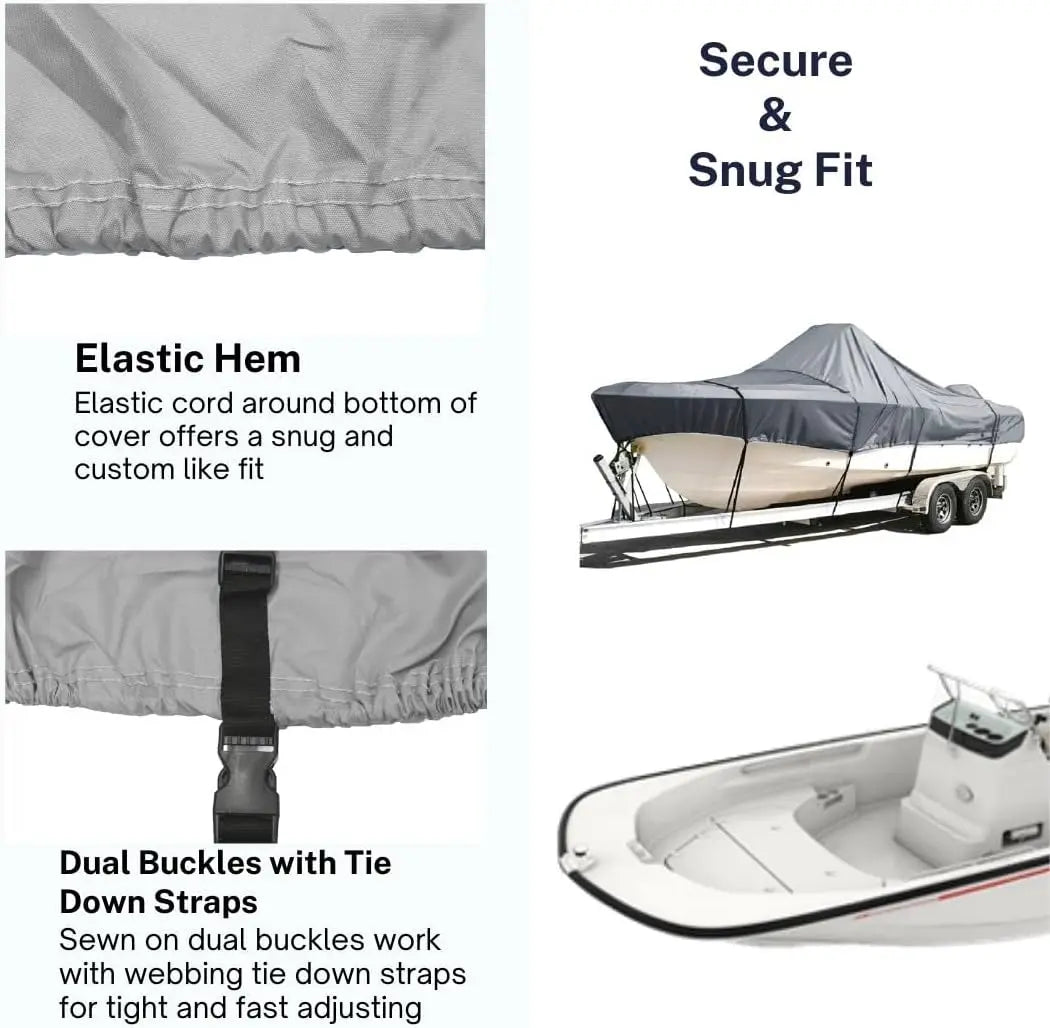SavvyCraft® Trailerable Center Console Boat Cover Whaler Style Fishing Skiff Boats, Tri-Hull Flat Front Center Console Boats, Compartible for Boston Whaler, Carolina Skiff, Mako Pro Skiff SAVVYCRAFT