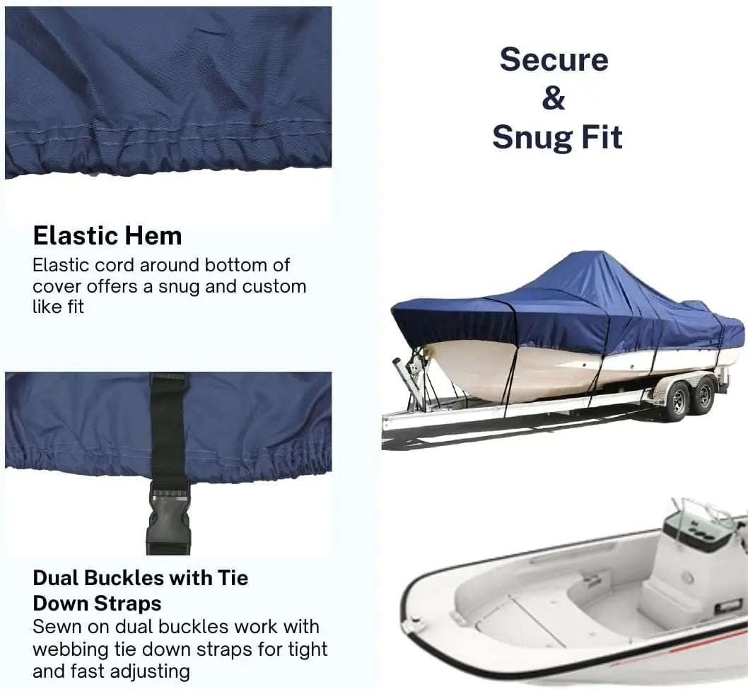 SavvyCraft® Trailerable Center Console Boat Cover Whaler Style Fishing Skiff Boats, Tri-Hull Flat Front Center Console Boats, Compartible for Boston Whaler, Carolina Skiff, Mako Pro Skiff SAVVYCRAFT
