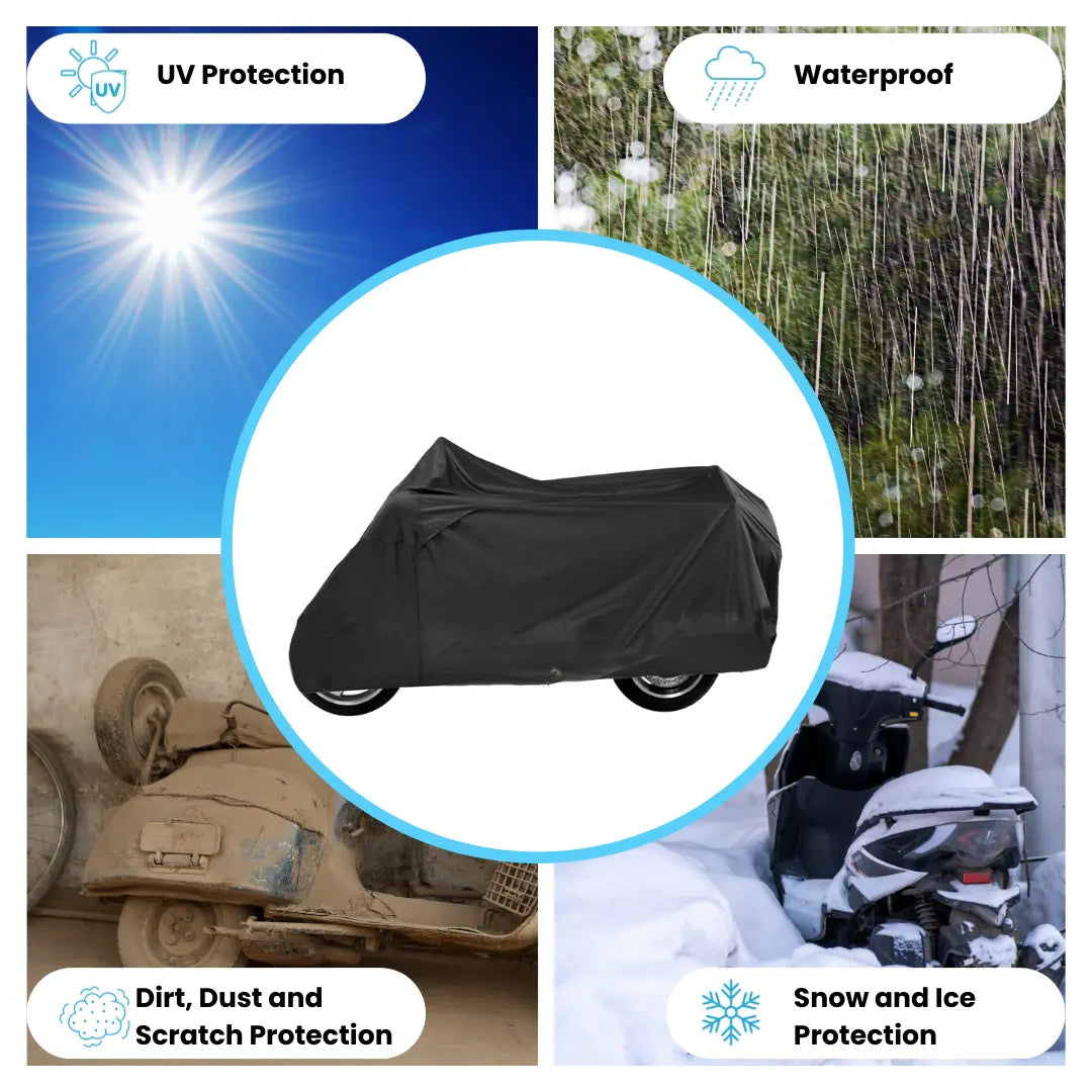 Heavy-duty black scooter cover offering UV, waterproof, dust, scratch, and snow and ice protection. Includes breathable fabric for both indoor and outdoor use.